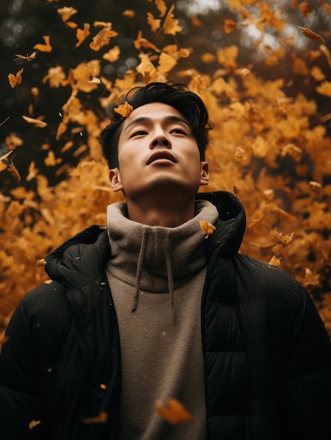 photo of emotional dynamic pose Asian man in autumn