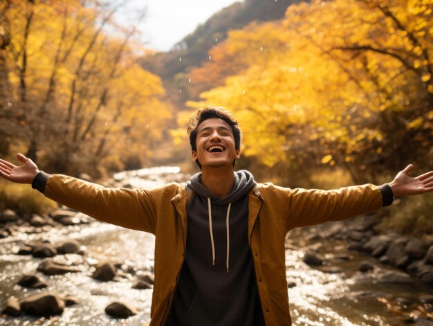 Photo photo of emotional dynamic pose asian man in autumn