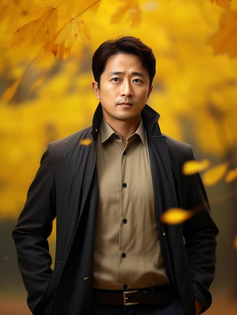 photo of emotional dynamic pose Asian man in autumn