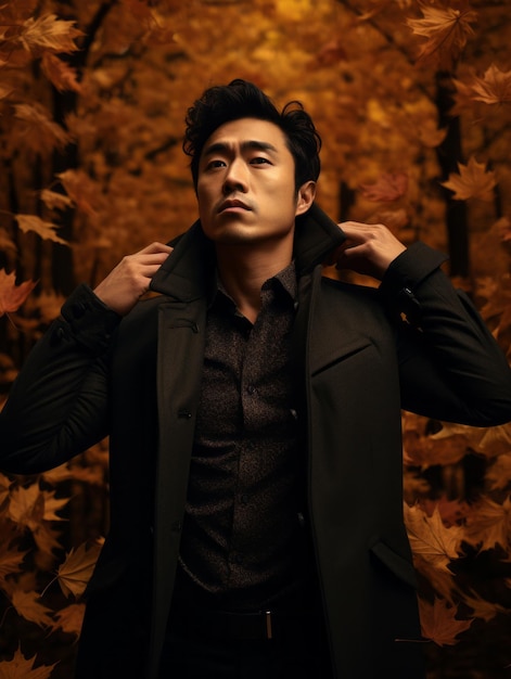 photo of emotional dynamic pose Asian man in autumn