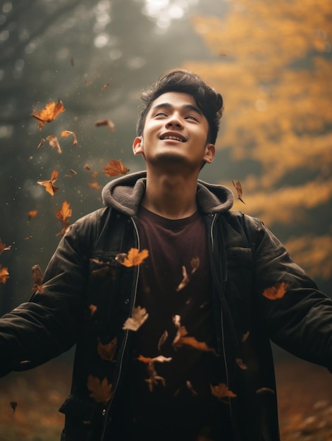 photo of emotional dynamic pose Asian man in autumn