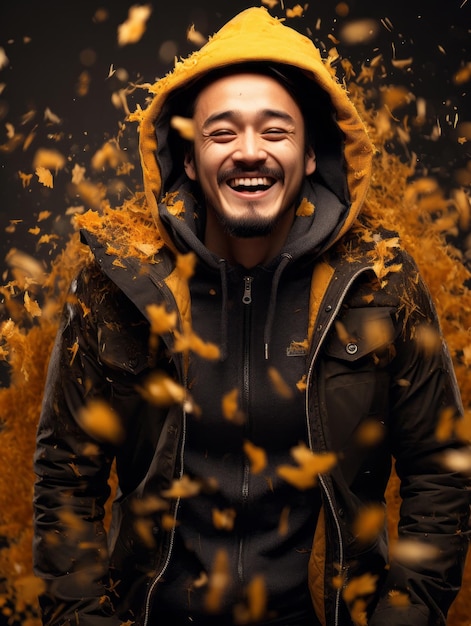 photo of emotional dynamic pose Asian man in autumn