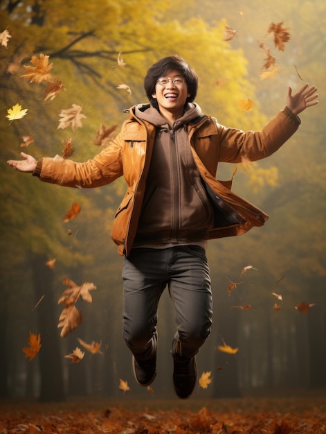 photo of emotional dynamic pose Asian man in autumn