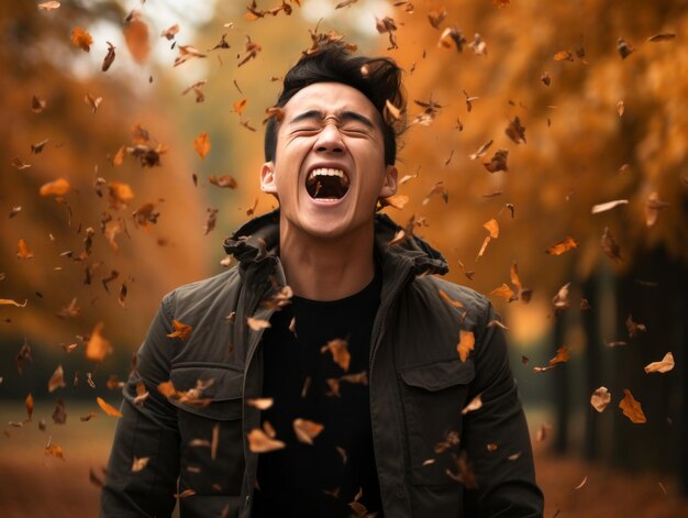 photo of emotional dynamic pose Asian man in autumn