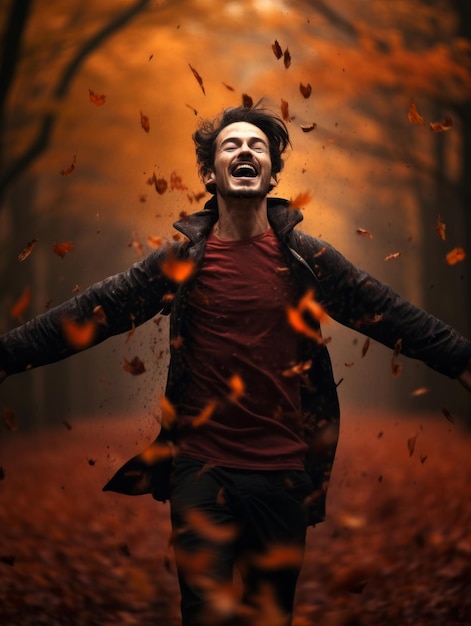 Photo photo of emotional dynamic pose asian man in autumn