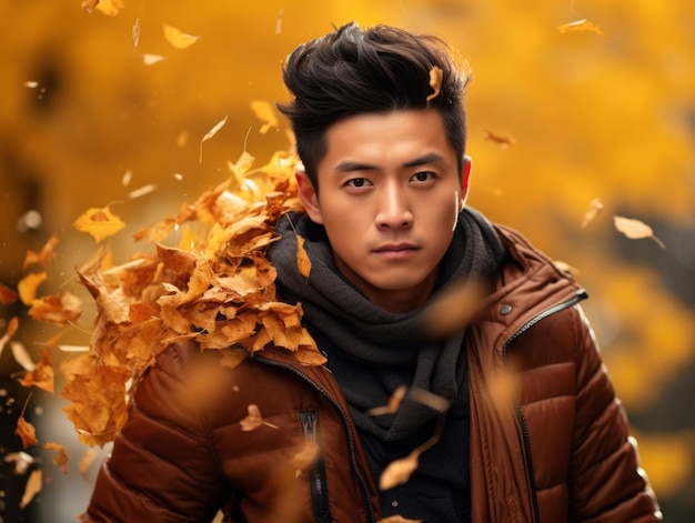 photo of emotional dynamic pose Asian man in autumn