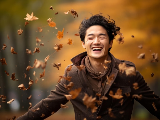 photo of emotional dynamic pose Asian man in autumn