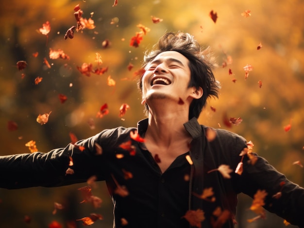 감정적 인 역동적 인 포즈의 사진 가을의 아시아 남자