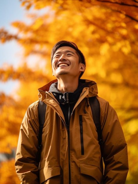 photo of emotional dynamic pose Asian man in autumn