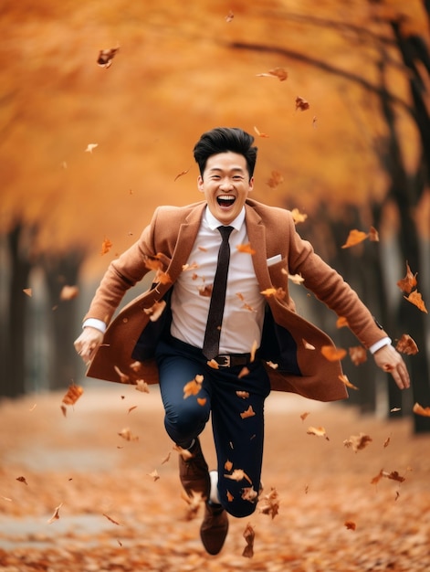 photo of emotional dynamic pose Asian man in autumn