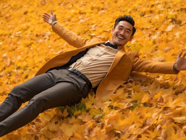 Photo of emotional dynamic pose asian man in autumn