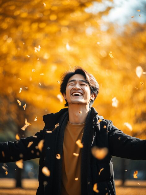 Photo of emotional dynamic pose asian man in autumn