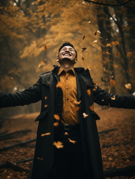 photo of emotional dynamic pose Asian man in autumn