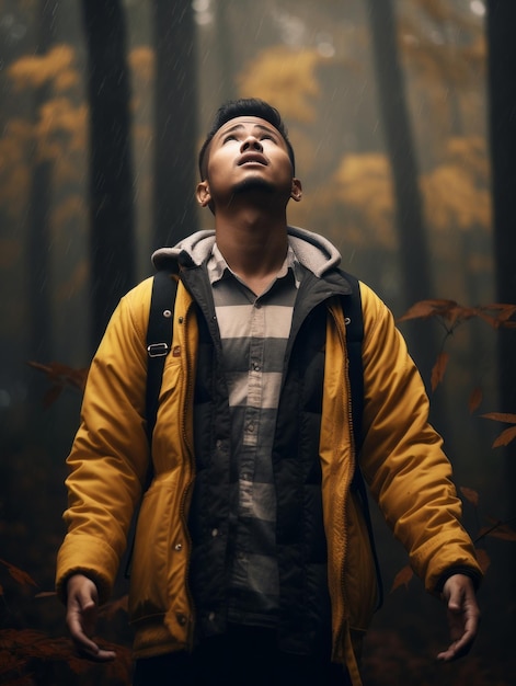 photo of emotional dynamic pose Asian man in autumn