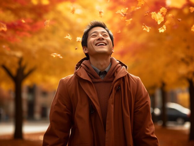 Photo of emotional dynamic pose asian man in autumn