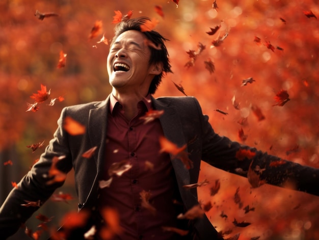 photo of emotional dynamic pose Asian man in autumn