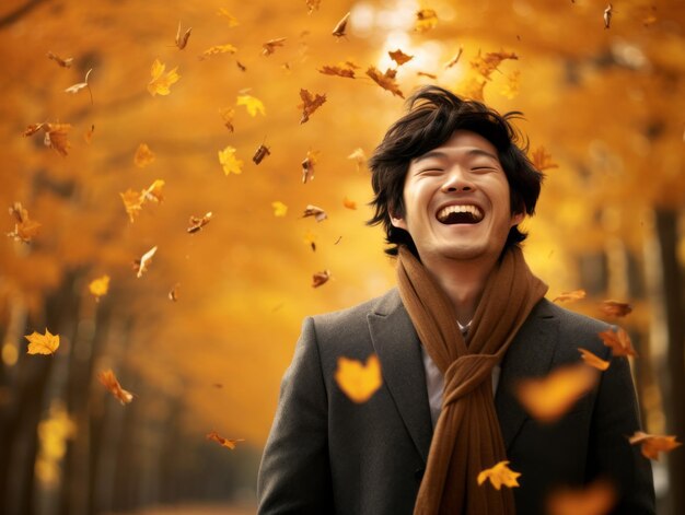 photo of emotional dynamic pose Asian man in autumn