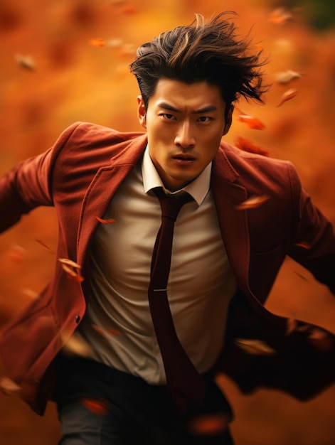 photo of emotional dynamic pose Asian man in autumn