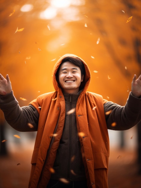 photo of emotional dynamic pose Asian man in autumn