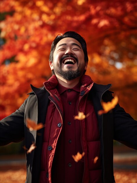 photo of emotional dynamic pose Asian man in autumn