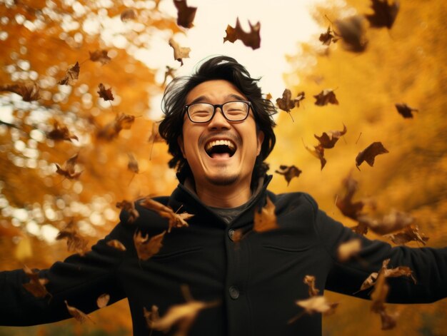 photo of emotional dynamic pose Asian man in autumn