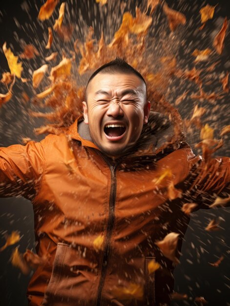 Photo of emotional dynamic pose asian man in autumn