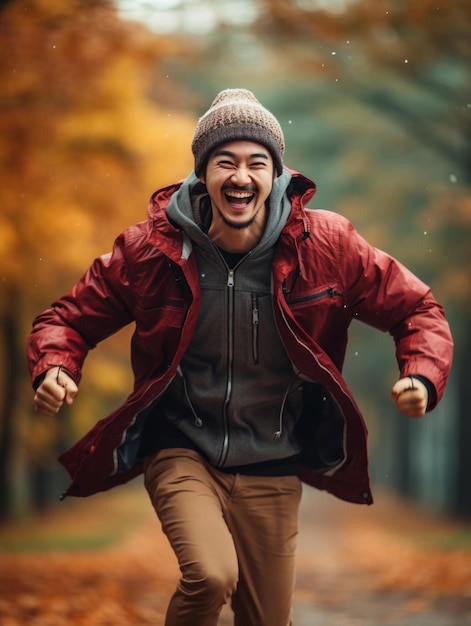 秋の感情的なダイナミックなポーズのアジア人男性の写真