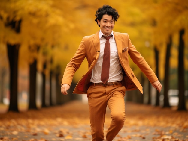 фото эмоциональной динамичной позы азиатского мужчины осенью