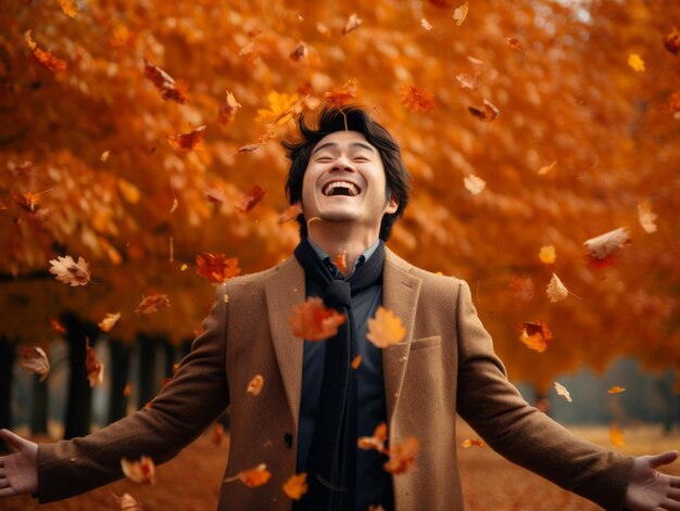 photo of emotional dynamic pose Asian man in autumn