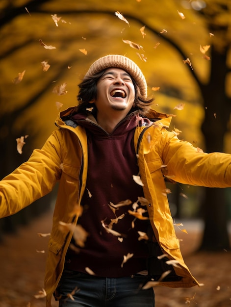 Photo photo of emotional dynamic pose asian man in autumn