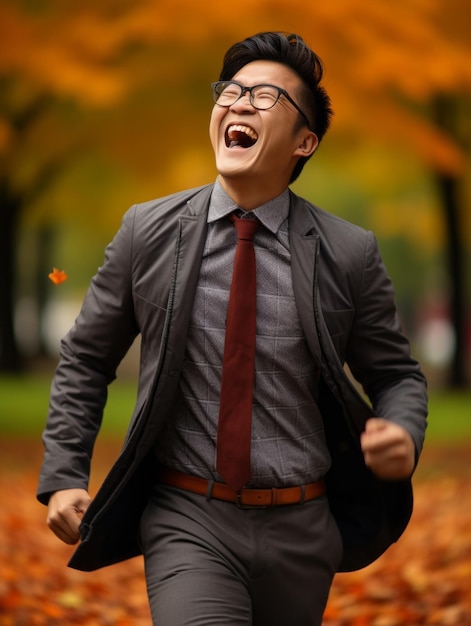 photo of emotional dynamic pose Asian man in autumn