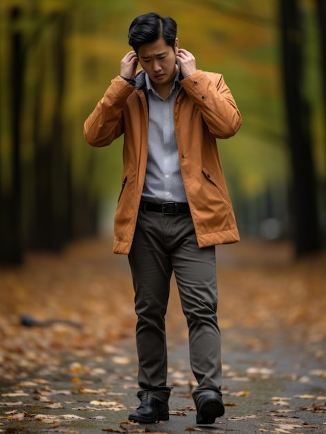 photo of emotional dynamic pose Asian man in autumn