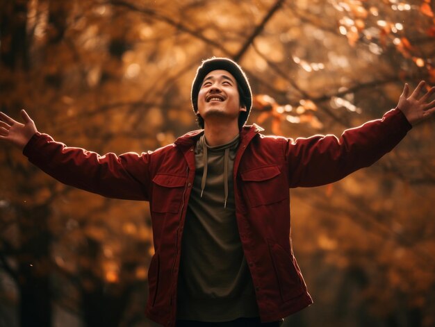 감정적 인 역동적 인 포즈의 사진 가을의 아시아 남자
