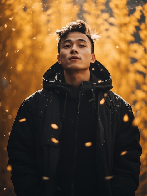 photo of emotional dynamic pose Asian man in autumn