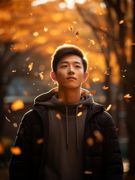 photo of emotional dynamic pose Asian man in autumn