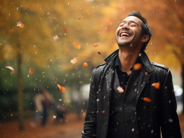 秋の感情的なダイナミックなポーズのアジア人男性の写真