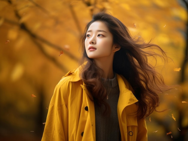 photo of emotional dynamic pose Asian woman in autumn