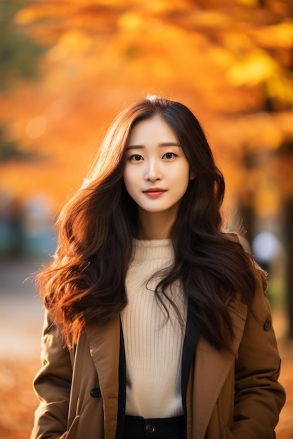 photo of emotional dynamic pose Asian woman in autumn