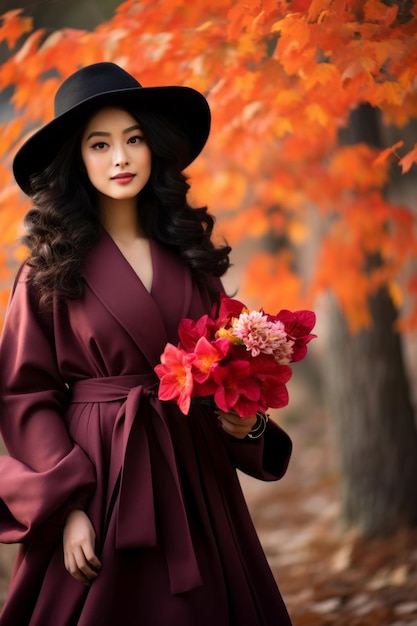 photo of emotional dynamic pose Asian woman in autumn