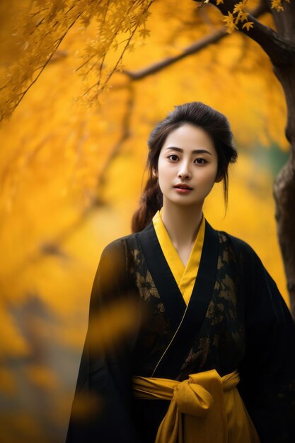 photo of emotional dynamic pose Asian woman in autumn