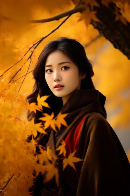 Photo of emotional dynamic pose asian woman in autumn