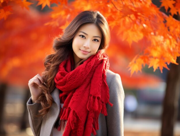 photo of emotional dynamic pose Asian woman in autumn