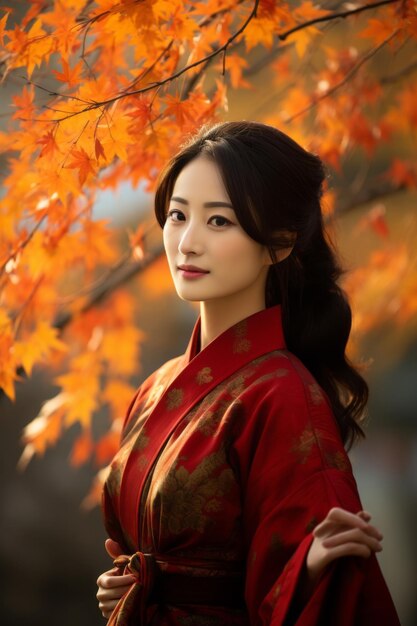 Photo of emotional dynamic pose asian woman in autumn
