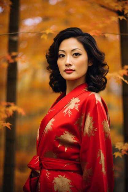 Photo of emotional dynamic pose asian woman in autumn