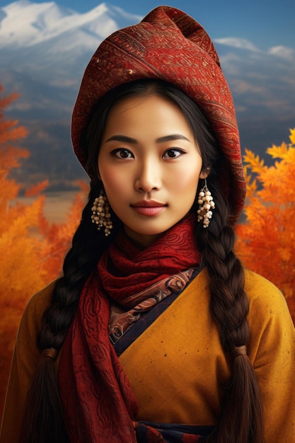 photo of emotional dynamic pose Asian woman in autumn