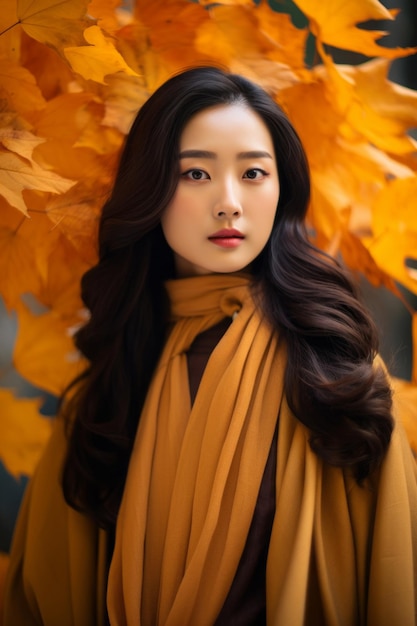 秋の感情的なダイナミックなポーズのアジア人女性の写真