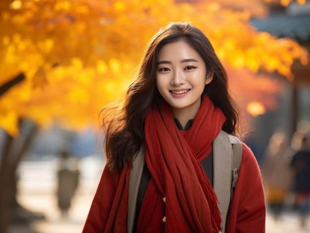 photo of emotional dynamic pose Asian woman in autumn