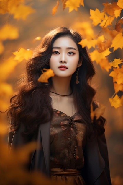 photo of emotional dynamic pose Asian woman in autumn