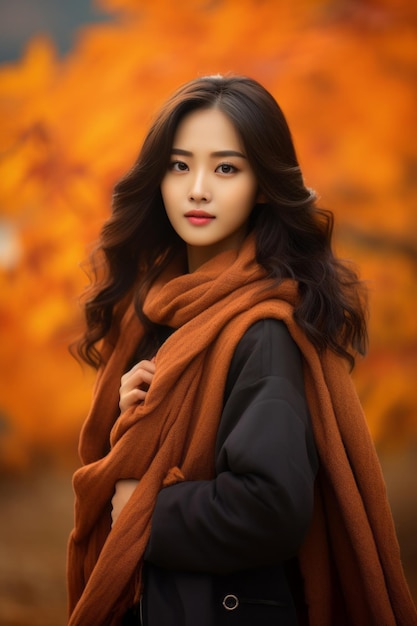 photo of emotional dynamic pose Asian woman in autumn