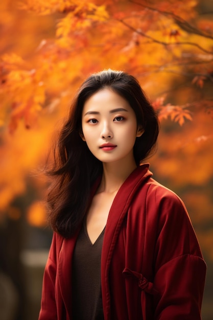 photo of emotional dynamic pose Asian woman in autumn